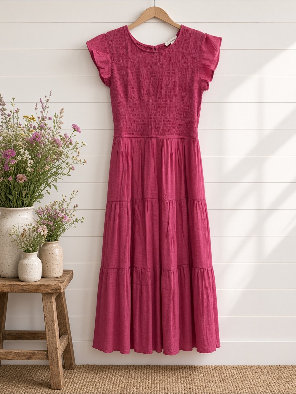 Fuchsia Flutter-Sleeve Maxi Dress